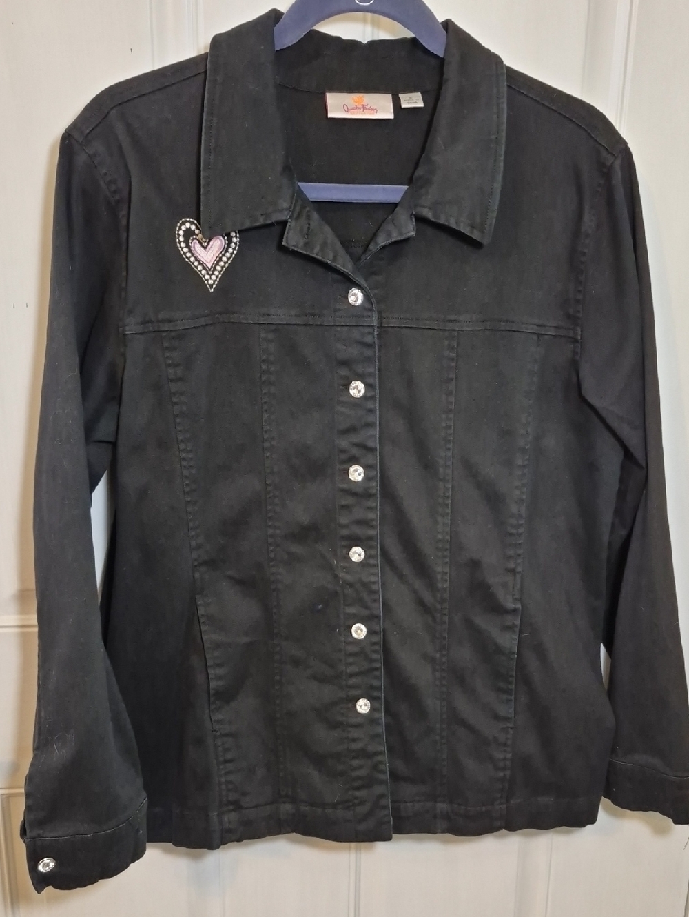 Quacker Factory Black Shirt/Jacket with Pink Heart & Rhinestone Buttons